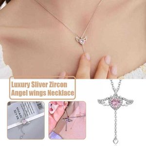 Hangende kettingen Koreaanse roze kristal engel hart hanger ketting voor vrouw minimalistisch juwelen meisje ketting 2023 nieuwe cupido o3n4 z0321