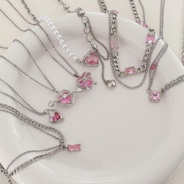 Collares pendientes coreano Rosa cristal circón amor corazón para mujeres cuentas perla cadena Collar joyería femenina pareja regalos