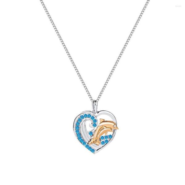 Pendentif Colliers Style Coréen Cristal Amour Coeur Maman Fils Dauphins Collier Pour Femmes Or Bleu Hit Couleur 2 Tons Ras Du Cou Maman Cadeau