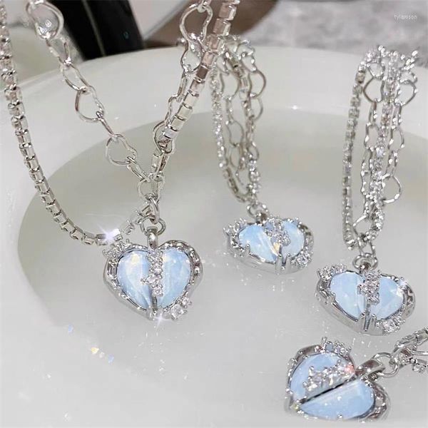 Collares colgantes estilo coreano exquisito collar de corazón dividido para mujeres niñas moda multicapa cristal gargantilla boda fiesta joyería regalo