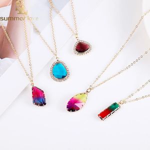 Pendentif Colliers Style coréen Collier en cristal irrégulier Couleur Or Longue chaîne pour femmes Verre coloré Bohème Opale Bijoux