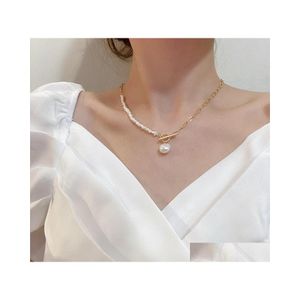 Colliers pendentif coréen Vintage naturel colliers de perles d'eau douce pour les femmes couleur or lien chaîne asymétrique fermoir à bascule cercle C Dheub