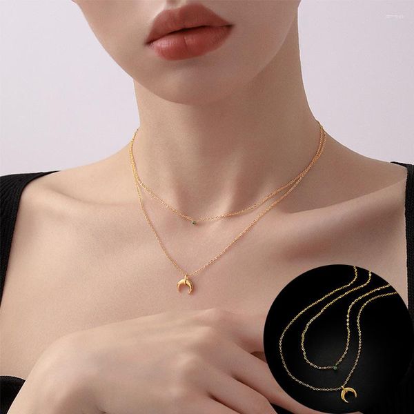 Collares colgantes Conjunto de collar de luna de doble capa de circón coreano para mujeres Cadena de encanto de acero inoxidable Chapado en oro Joyería diaria de moda