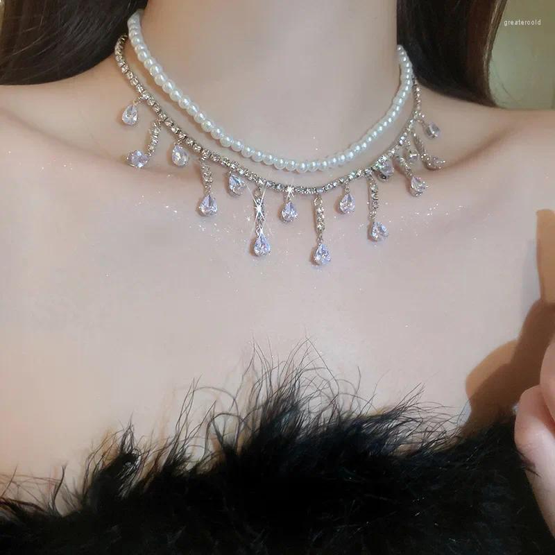Ожерелья с подвесками в Корейском стиле, двухслойное ожерелье с жемчугом и кисточками из циркона для женщин и девочек, цепочка с воротником на ключицу, свадебная вечеринка