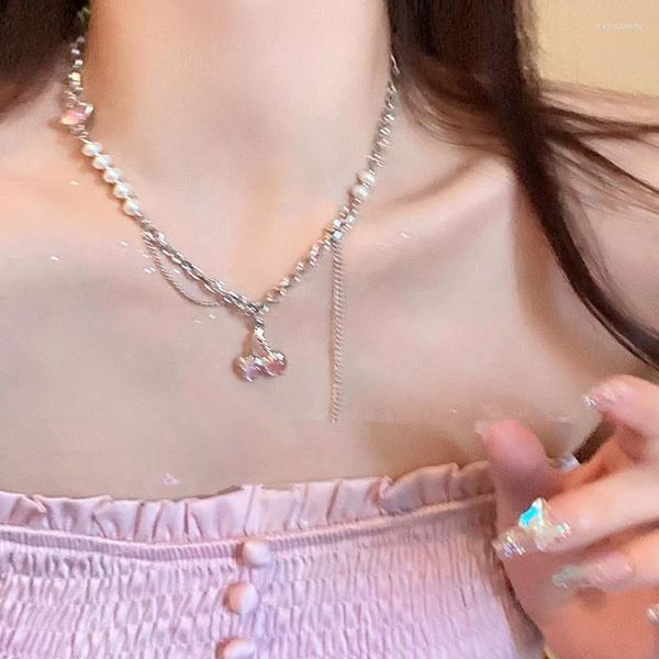 Collares pendientes Kpop Cherry Pink Crystal collar borlas largas perlas para mujeres niñas fiesta joyería Y2K dulce clavícula cadena gargantilla