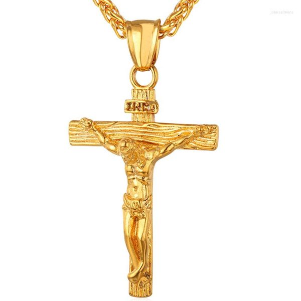 Collares colgantes Kpop Cruz Cristiana Jesús Joyería Religiosa Acero Inoxidable Color Oro INRI Crucifijo Charm Collar Para Hombres P245