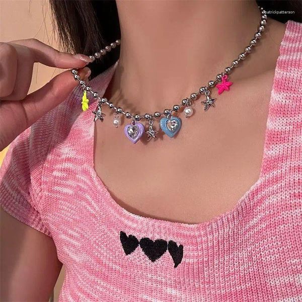 Collares colgantes Kpop Goth Y2K Colorido Estrella Corazón Collar de cuentas para mujeres Street Hip Hop Estética Vintage Punk EMO Accesorios de joyería