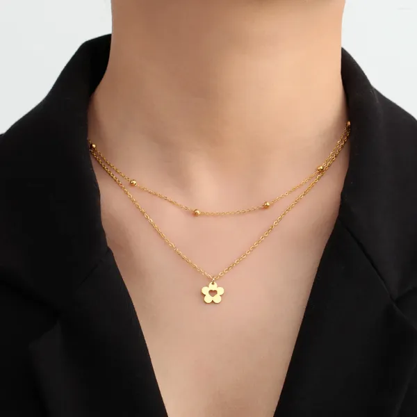 Collares colgantes KPOP Heart Flower Collar Collar de acero inoxidable Color de oro de oro Cadena de doble capa 2024 Regalo de cumpleaños de joyería de moda para