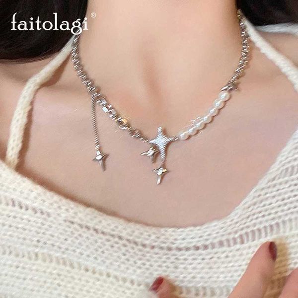 Pendentif Colliers Kpop Imitationpearl Croix Étoile Collier Brillant Strass Gland Y2k Irrégulier Esthétique Egirl 230613