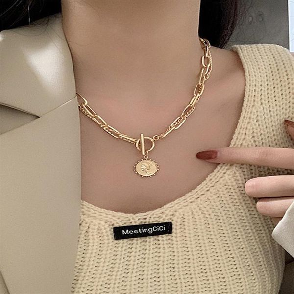 Pendentif Colliers Kpop Style Punk Sculpté Pièce Épaisse Chaîne OT Boucle Collier Vintage En Métal Collier Ras Du Cou De Mode Femmes Filles Bijoux 2021