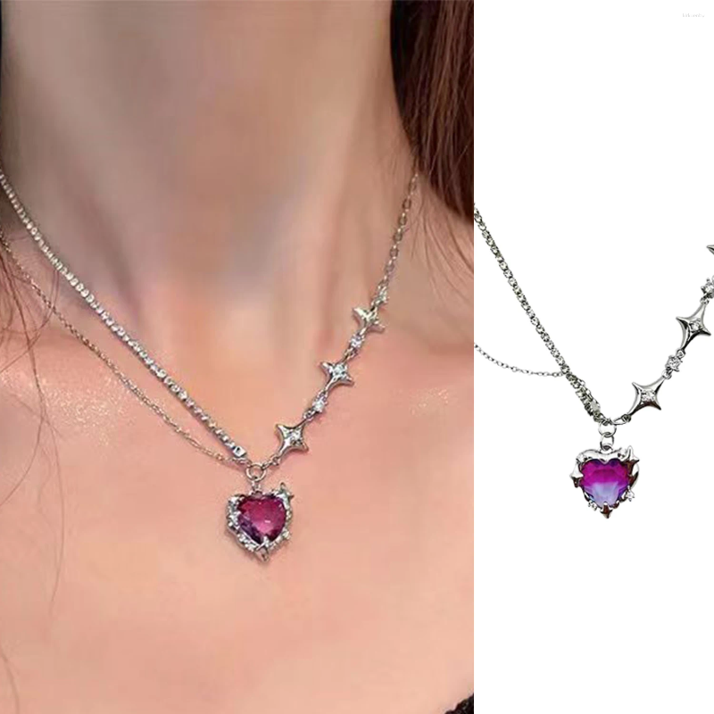 Pendant Necklaces Kpop Purple Heart Necklace Punk Shiny Rhinestone Star Asymmetric Chain For Women Neck Y2K Jewelry