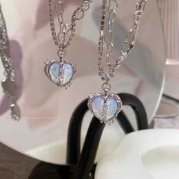 Colliers pendants Kpop Collier en forme de coeur divisé avec œuf de pierre blanc métal argent perle multi-couches femme 2024 Fashion Elegance Y2K bijoux cadeau Q240430