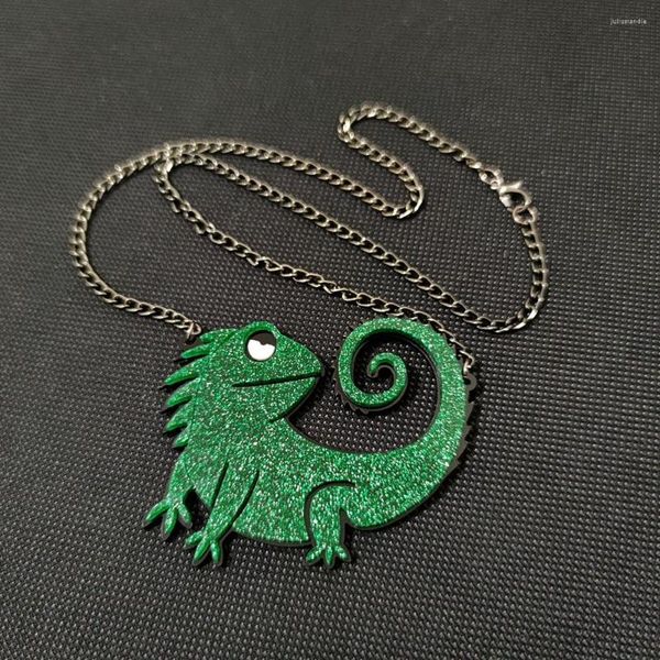 Collares pendientes KUGUYS lagarto camaleón collar para Mujeres Hombres verde brillo acrílico Animal negro cadena accesorios de joyería de moda