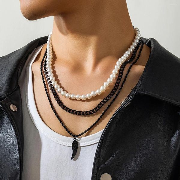 Collares colgantes KunJoe 3 unids / set Collar de ala de perla de imitación gótica para hombres Punk Hip Hop Negro Cadena cubana Gargantilla Halloween