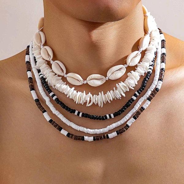 Collares colgantes Kunjoe 5pcs/set bohemio natural carcasa de madera collar de gargantillas para hombres joyas de arcilla blanda de arcilla blanda vintage