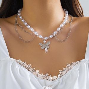 Pendentif colliers KunJoe élégant Imitation perle papillon collier pour femmes gothique cristal perle tour de cou clavicule chaîne fête