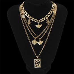 Pendentif Colliers KunJoe Or Couleur Multicouche Hip Hop Punk Collier Ange Serrure Chaîne Cubaine Charmes Bijoux Accessoires Rue Hommes FemmesPenda