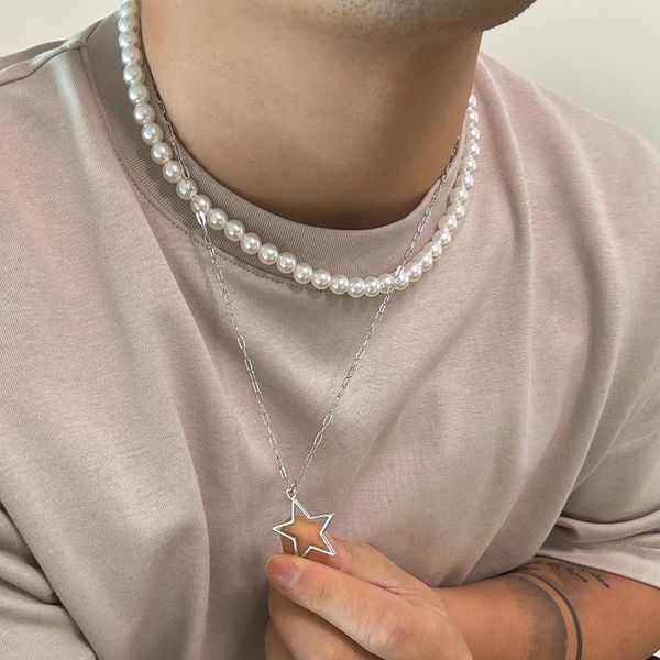 Colliers pendants Kunjoe Hip Hop Imitation Perle Choker Star Ring Collier pour hommes
