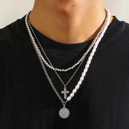 Hanger Kettingen KunJoe Punk 3 stks/set CCB Kralen Kruis Ketting Voor Mannen Vintage Imitatie Parel Cubaanse Link Chain Choker