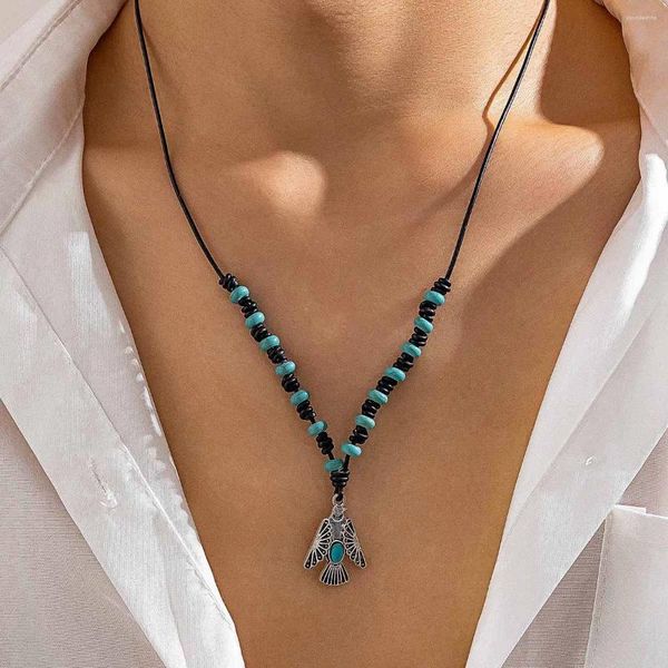 Collares colgantes KunJoe Punk Geométrico Metal Collar de pájaro para hombres Bohemio Azul Piedra Cuentas Cuerda de cuero Cadena Gargantilla Fiesta