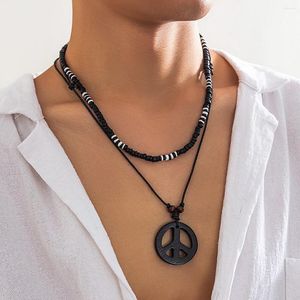 Pendentif Colliers KunJoe Vintage Bois Perlé Symbole De Paix Collier Ensemble Pour Hommes Afrique Réglable Fil De Cire Hiphop Bijoux