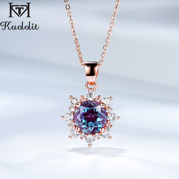 Pendentif Colliers Kuololit 585 Or Rose 2CT Pierre précieuse d'Alexandrite naturelle pour les femmes Solide 925 Collier en argent sterling cultivé en laboratoire 230915