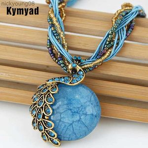 Hanger Kettingen Kymyad Etnische Sieraden Boheemse Vrouwen Kralen Natuursteen Pauw Hanger Ketting Bijoux Multilayer Ketting Turkse Sieraden