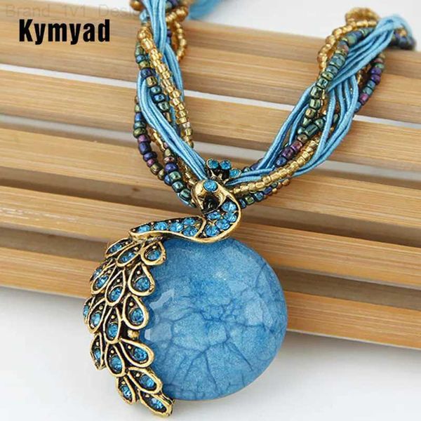 Collares colgantes Kymyad joyería étnica bohemia mujeres cuentas piedra natural pavo real colgante collar bisutería cadena multicapa joyería turca l240104