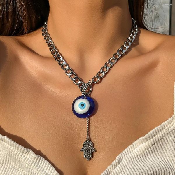 Pendentif Colliers Lacteo Trendy Argent Couleur Cubain Chaîne Collier Bleu Oeil Motif Grosses Perles Ras Du Cou Femmes Mode Bijoux Collier Fête