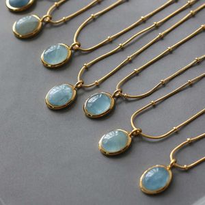 Hanger kettingen dames beste sieraden geschenk roestvrij staal vergulde kralen ketting vinatge ovale aquamarine stenen hanger kettingen voor vrouwen g230206