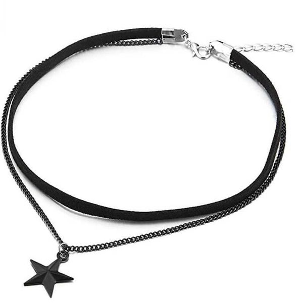 Colliers pendentifs dames femmes TwoRows collier ras du cou noir avec chaîne noire et pendentif à breloque étoile pentagramme collier multicouche Z0321