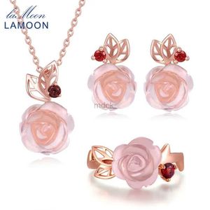 Hanger kettingen lamoon bloem rozen sterling zilver 925 sieraden sets rozenkwarts edelstenen 18k rose goud vergulde fijne sieraden zilveren set v033-1 240419