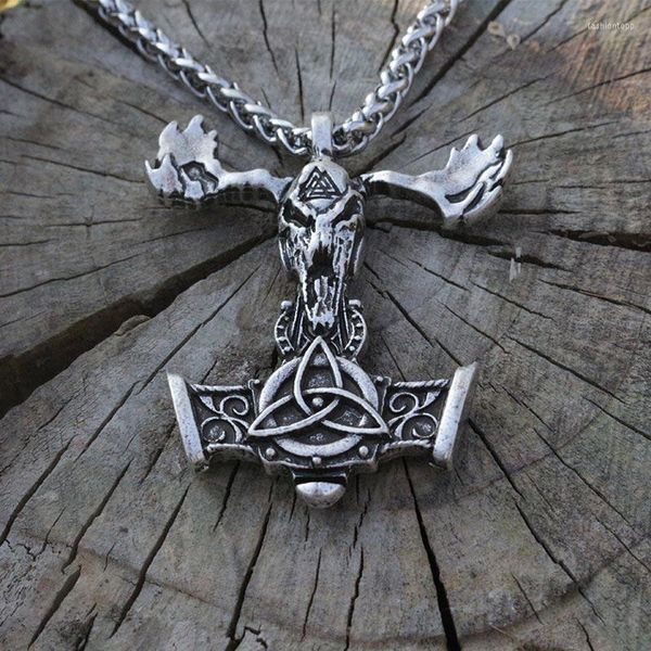 Collares pendientes Lanseis 1 Uds. Cráneo vikingo Mjolnir cabeza de cabra encanto hombres collar Valknot talismán símbolo joyería