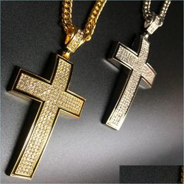 Hanger kettingen Large Bling Cross 3D hiphop icten religieuze hanger Franco -keten 35.4 "Gold Sier vergulde voor mannen vrouwen sieraden f dhbuu