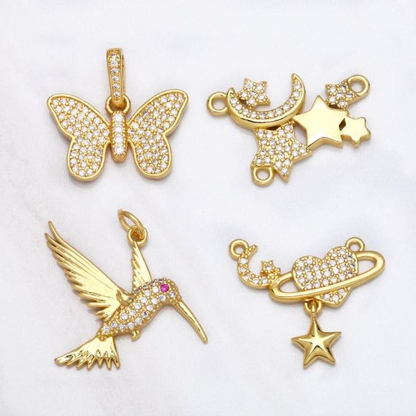 Collares pendientes Esmalte grande Corazón Mariposa Pájaro Luna Colgantes para la fabricación de joyas Cobre chapado en oro genuino CZ Suministros de artesanía Pdta572Pen