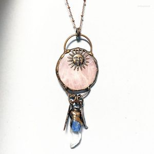 Pendentif Colliers Grand Bague Rose Quartz Sun Face Rock Points avec Blue Kyanite Moon Bijoux