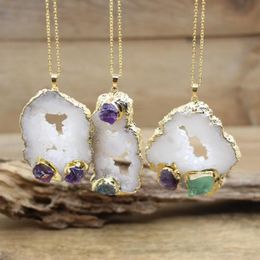 Pendentif Colliers Grande Taille Naturel Geode Quartz Dalle Pendentifs Collier Incrustation Brute Fluorite Améthystes Druzy Drusy Charmes Femmes Bijoux QC3