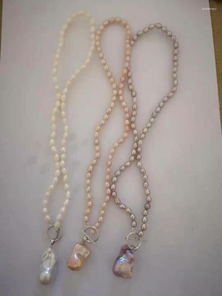 Pendentif colliers dernier collier fait à la main de perles de riz naturel avec grand baroque blanc/rose/lavande pour les femmes cadeau PN002