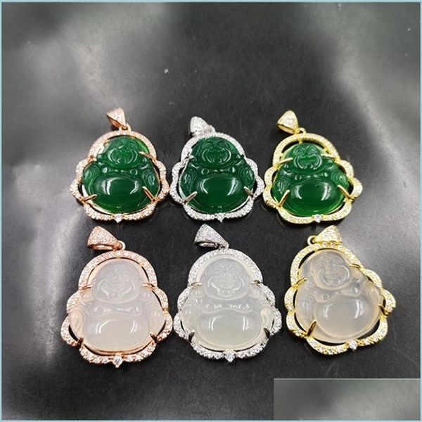 Collares colgantes Riendo Buda Jade Colgante Collar 925 Sier Plateado Con Incrustaciones De Piedras Preciosas Joyería Hielo Calcedonia Ágata Maitreya Mujer P Dh5To