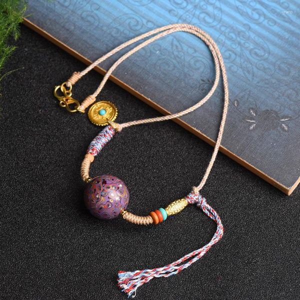 Collares colgantes de la lavanda púrpura laca grande de la laca cadena de clavícula collar zajram medalla de oro chapada joyas tibetanas algodón a mano