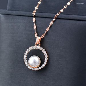 Pendentif colliers LEEKER Style coréen coeur chaînes rondes pendentifs en acier inoxydable collier pour femmes perle Rose or couleur accessoires 858