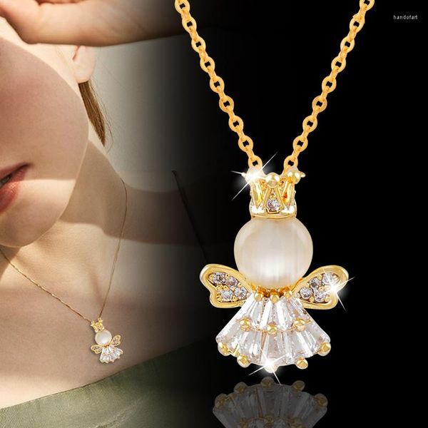 Collares colgantes LEEKER pequeño collar de Ángel de ópalo para mujer piedra de circón cúbico cadena de Color dorado y plateado accesorios de boda LK3