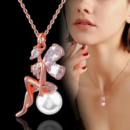 Collares colgantes LEEKER Trend Cubic Zirconia perlas Angel Girl cadenas con colgantes collar de Color oro rosa para mujer joyería LK3