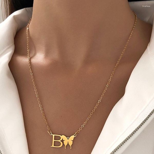 Collares pendientes letra B mariposa para mujer Collar joyería Vintage Acero inoxidable cadena de clavícula gargantillas de moda