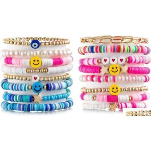 Pendentif Colliers Lietoi Preppy Heishi Bracelets Set Colorf Or Blanc Coeur Étoile Mauvais Oeil Perlé Polymère Argile Perle Empilable Charme Dh6Tt