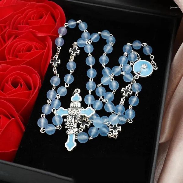 Colliers pendants Collier de chalcédoine bleu clair Vierge Marie crucifix bijoux religieux Souvenirs Cadeaux