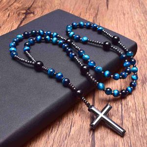 Collares pendientes Light Blue Tiger Eye Onyx Catholi Christ Rosario Bead Collares largos para hombres Hematite Cross Colgante Collar Meditación Joyería HKD230712