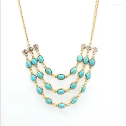 Hanger Kettingen Licht Geel Goud Kleur Multi Layer Ovale Groene Turquoise Schakelketting Met Strass Statement Sieraden