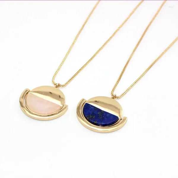 Pendentif Colliers Couleur Or Jaune Clair Alliage Demi Lune Lapis Lazuli Lien Chaîne Collier Rose Rose Quartz Bijoux