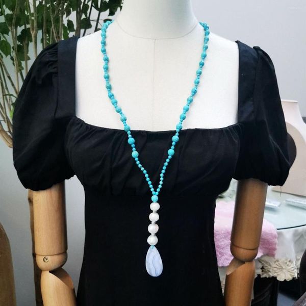 Collares pendientes Lii Ji piedra real azul turquesa mujeres collar perla encaje ágatas 86 cm Stock venta joyería